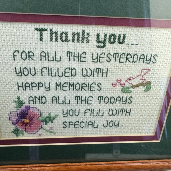Vtg Framed w Matboard Cross Stitch Quote Thank you Filled w Happy Memories Joy - Picture 11 of 11